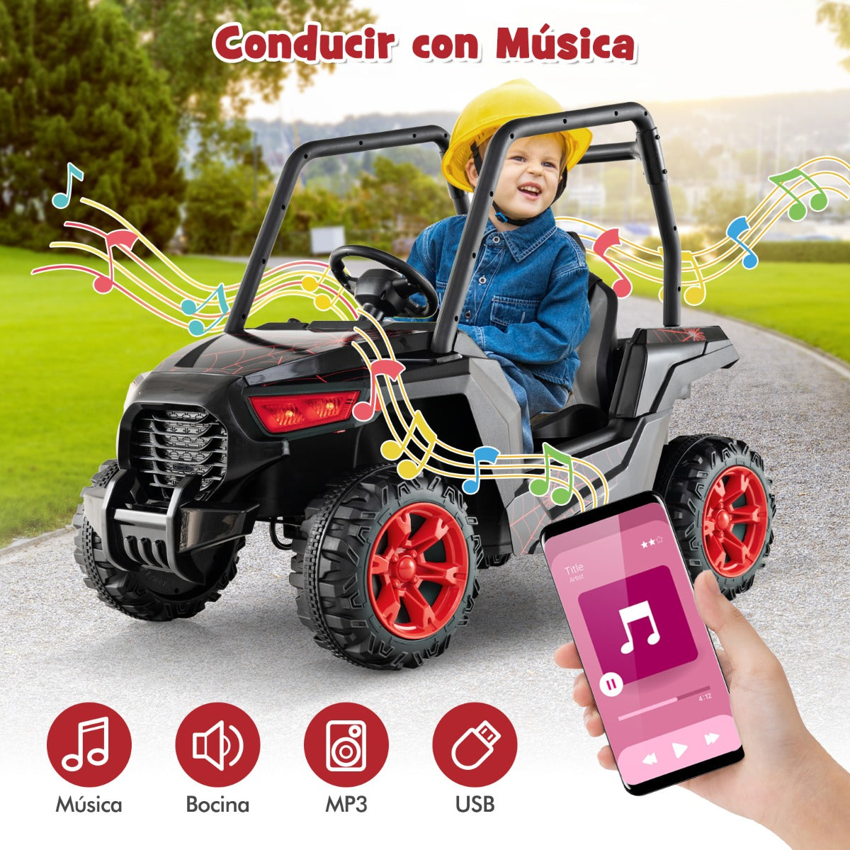 UTV para Niños Coche de Juguete a Batería de 24V con Control Remoto 3 Velocidades 2 Suspensiones de Resorte Arranque Lento Música Negro