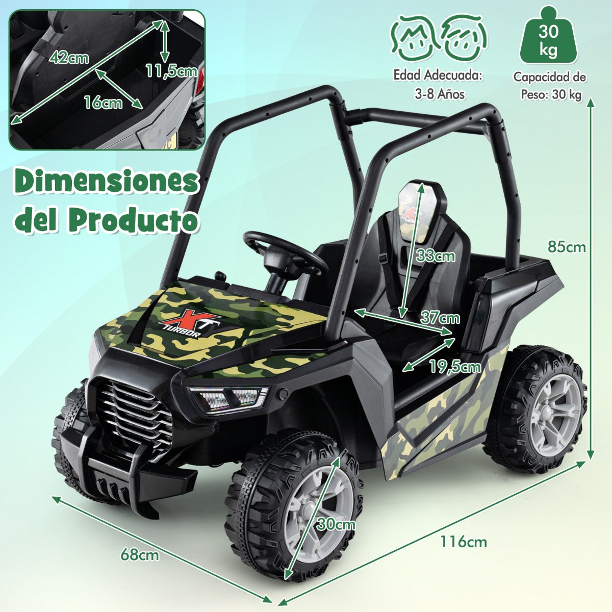 UTV para Niños Coche de Juguete a Batería de 24V con Control Remoto 3 Velocidades 2 Suspensiones de Resorte Arranque Lento Música Verde