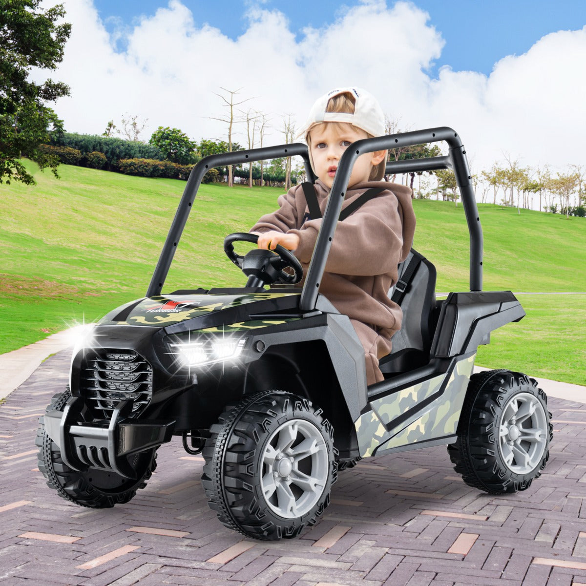 UTV para Niños Coche de Juguete a Batería de 24V con Control Remoto 3 Velocidades 2 Suspensiones de Resorte Arranque Lento Música Verde