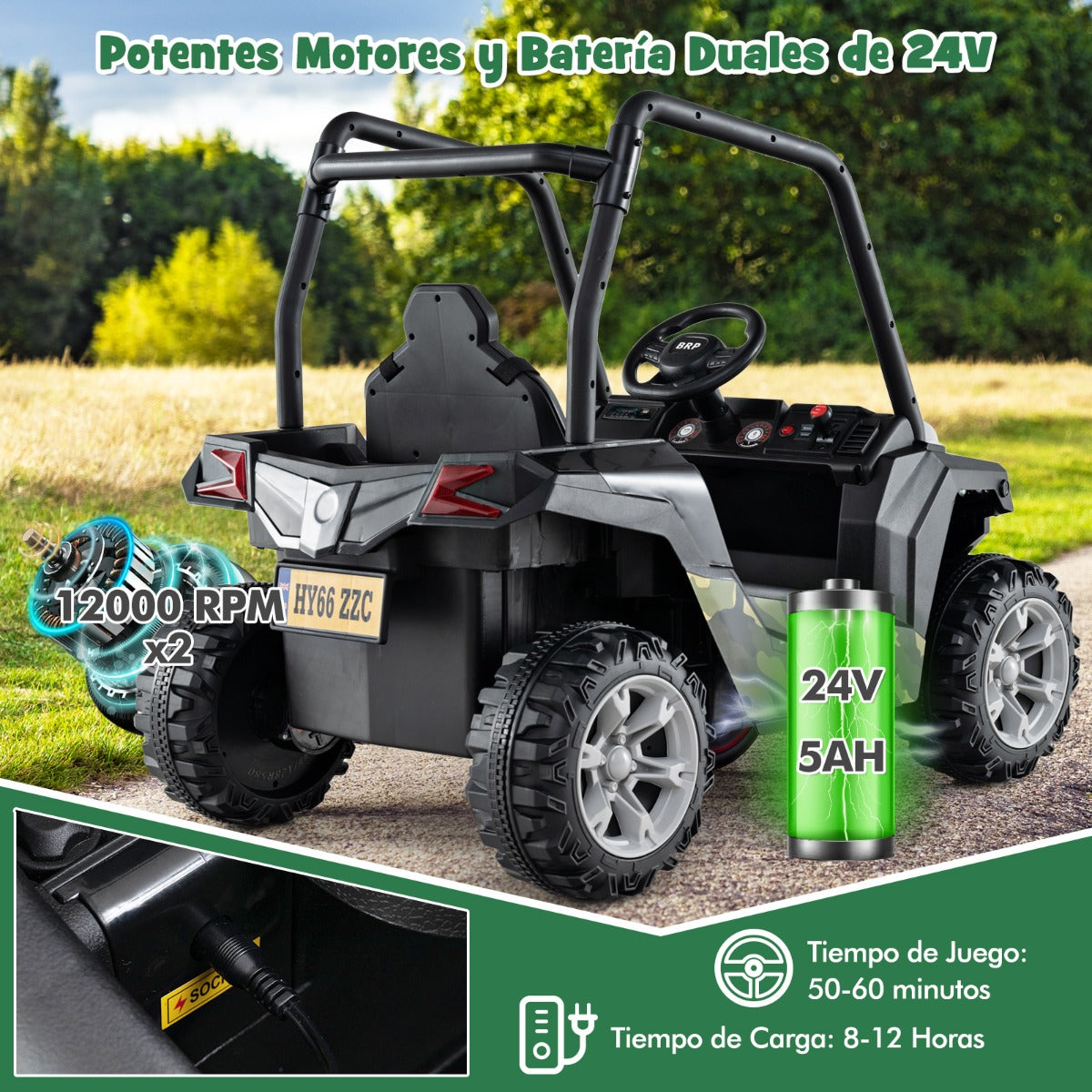 UTV para Niños Coche de Juguete a Batería de 24V con Control Remoto 3 Velocidades 2 Suspensiones de Resorte Arranque Lento Música Verde