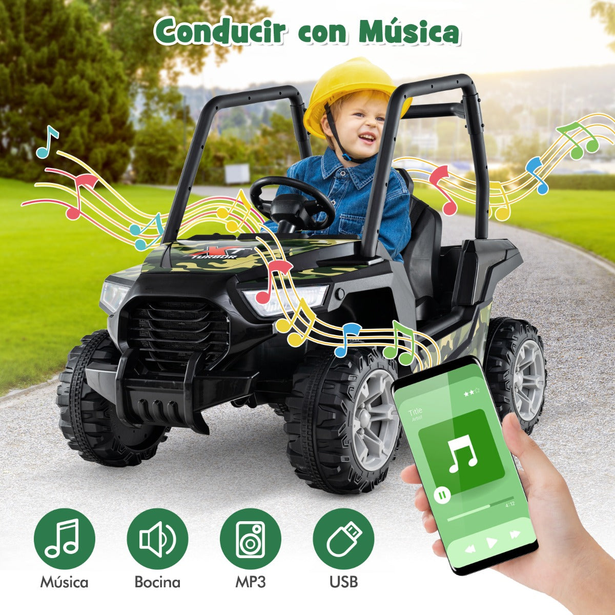 UTV para Niños Coche de Juguete a Batería de 24V con Control Remoto 3 Velocidades 2 Suspensiones de Resorte Arranque Lento Música Verde